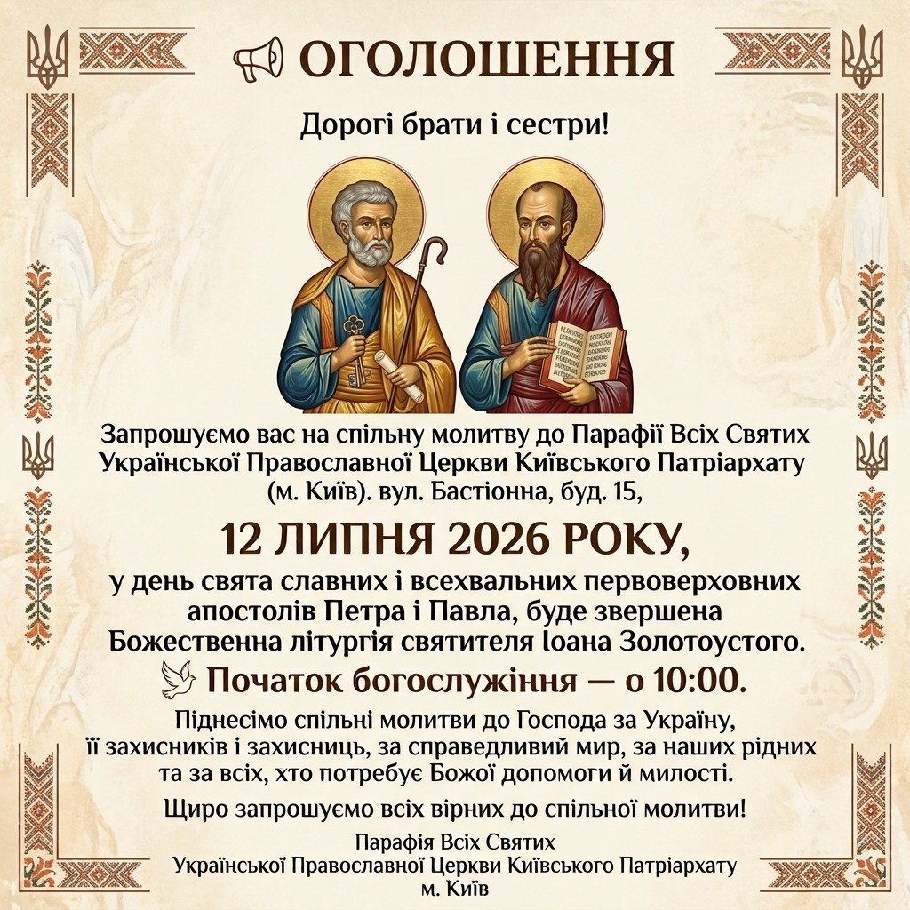 Запрошуємо вас на спільну молитву до Парафії Всіх Святих Української Православної Церкви Київського Патріархату да адресою: м. Київ, вул. Бастіонна, буд. 15.
